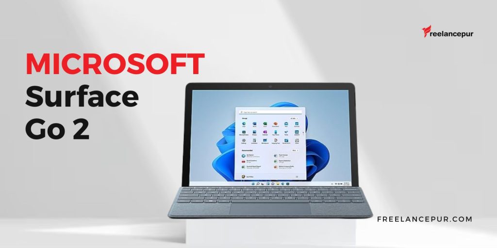An image showcasing New Microsoft Surface Go 2 beautifully with bold text by freelancepur