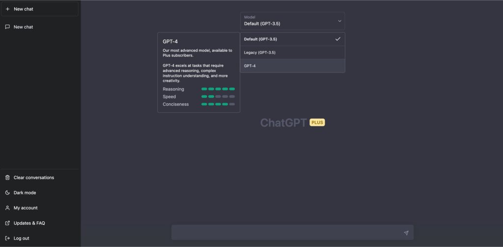 Screenshot of ChatGPT Plus, GPT-4 interface, the best AI chatbot of all times