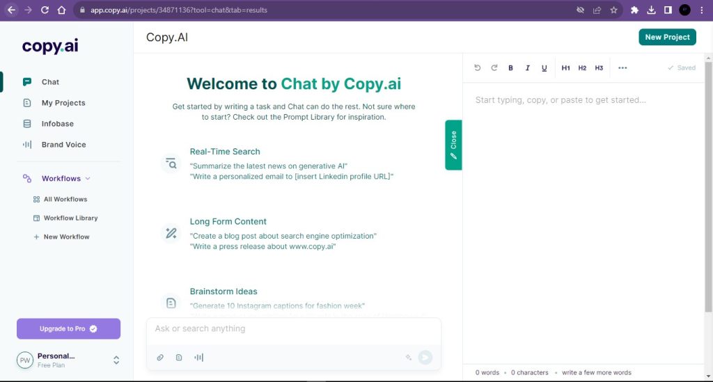 Screenshot of Copy.AI, and its user interface