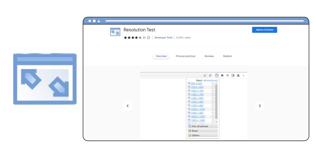 A screenshot of Resolution Test chrome extension with & and its logo beside it