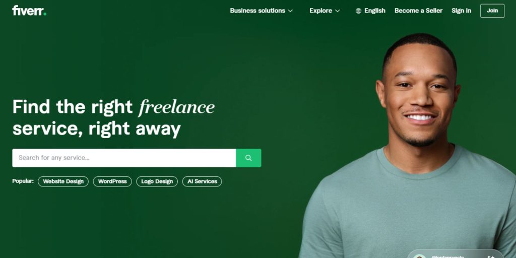 A wide screenshot of Fiverr, freelancing marketplace