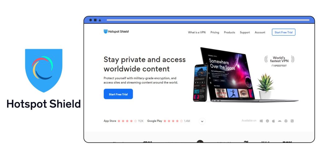 Screenshot of Hotspot Shield's homepage with the Hotspot Shield logo displayed it