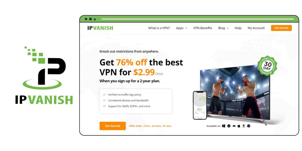 Screenshot of IPVanish homepage offering 76% off with the IPVanish logo displayed beside it