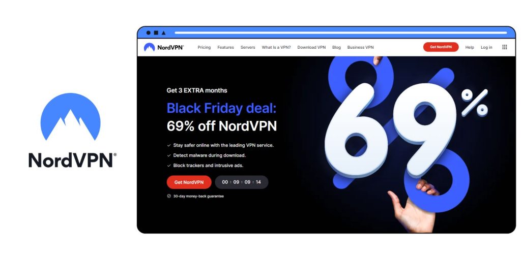 Screenshot of NordVPN's homepage with the Nord VPN logo displayed prominently.