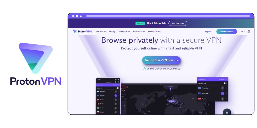 Screenshot of Proton VPN homepage with the its logo displayed beside it